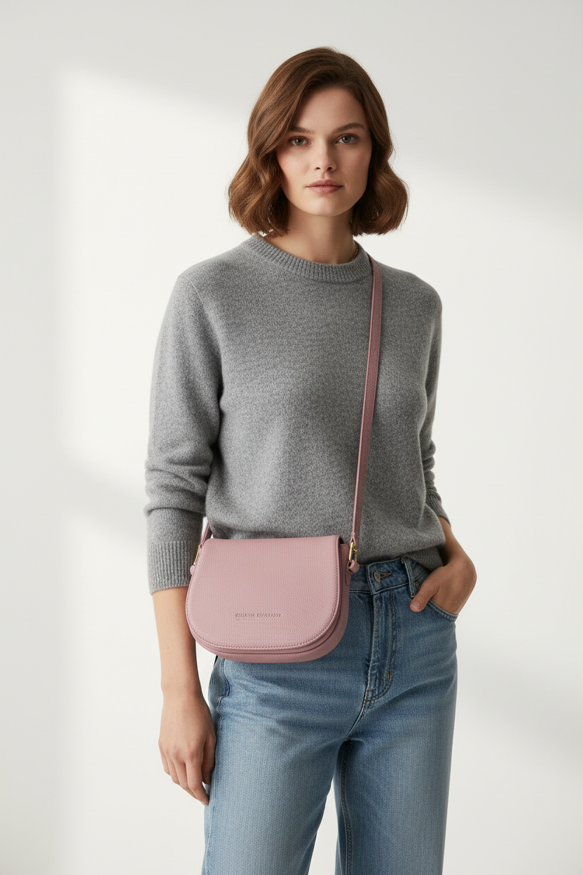 GLAM | RENATO BORZATTA Skórzana Torebka na Ramię w Kolorze Starej Róży