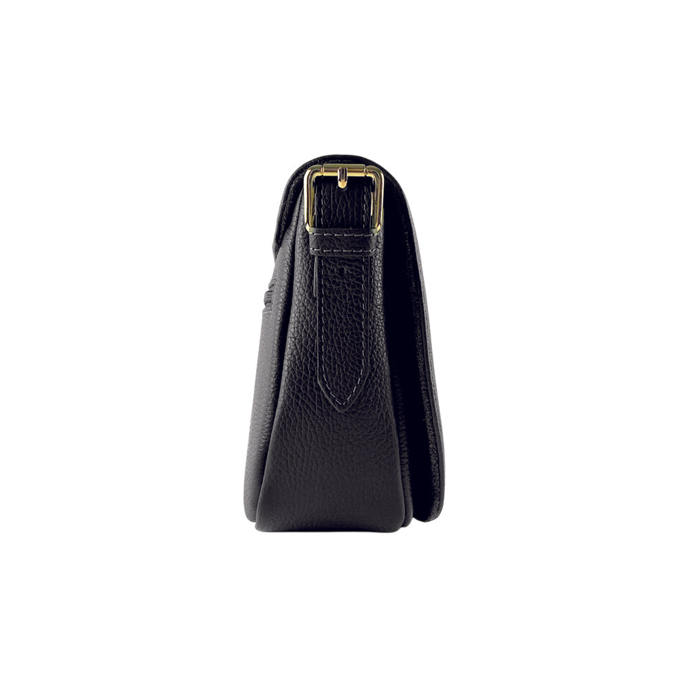 RB1002A | Borsa a Tracolla  in Vera Pelle Made in Italy con Tracolla removibile in pelle e attacchi con fibbie in metallo Oro Lucido - Colore Nero - Dimensioni: cm 26 x 20 x 10-3