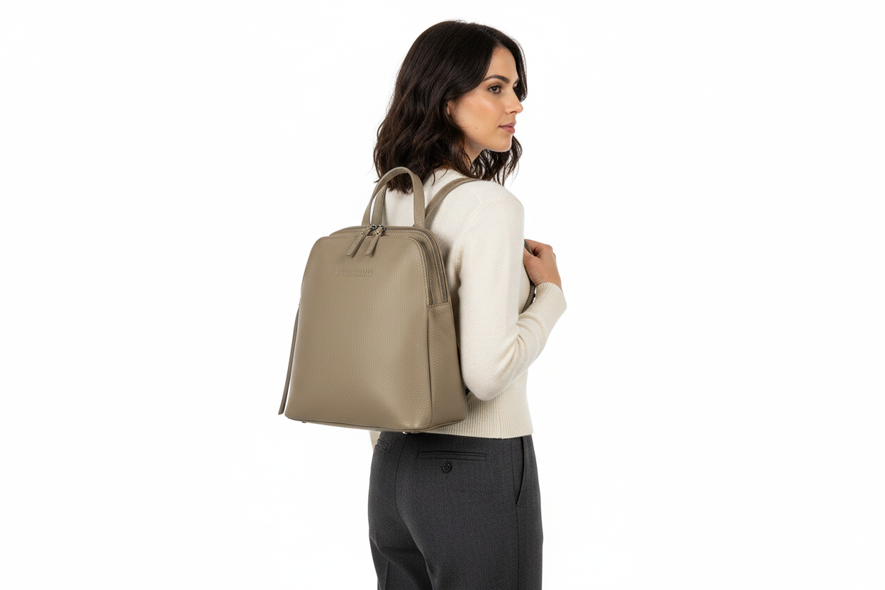 GLAM | RENATO BORZATTA Taupe Leather Dual-Compartment Backpack