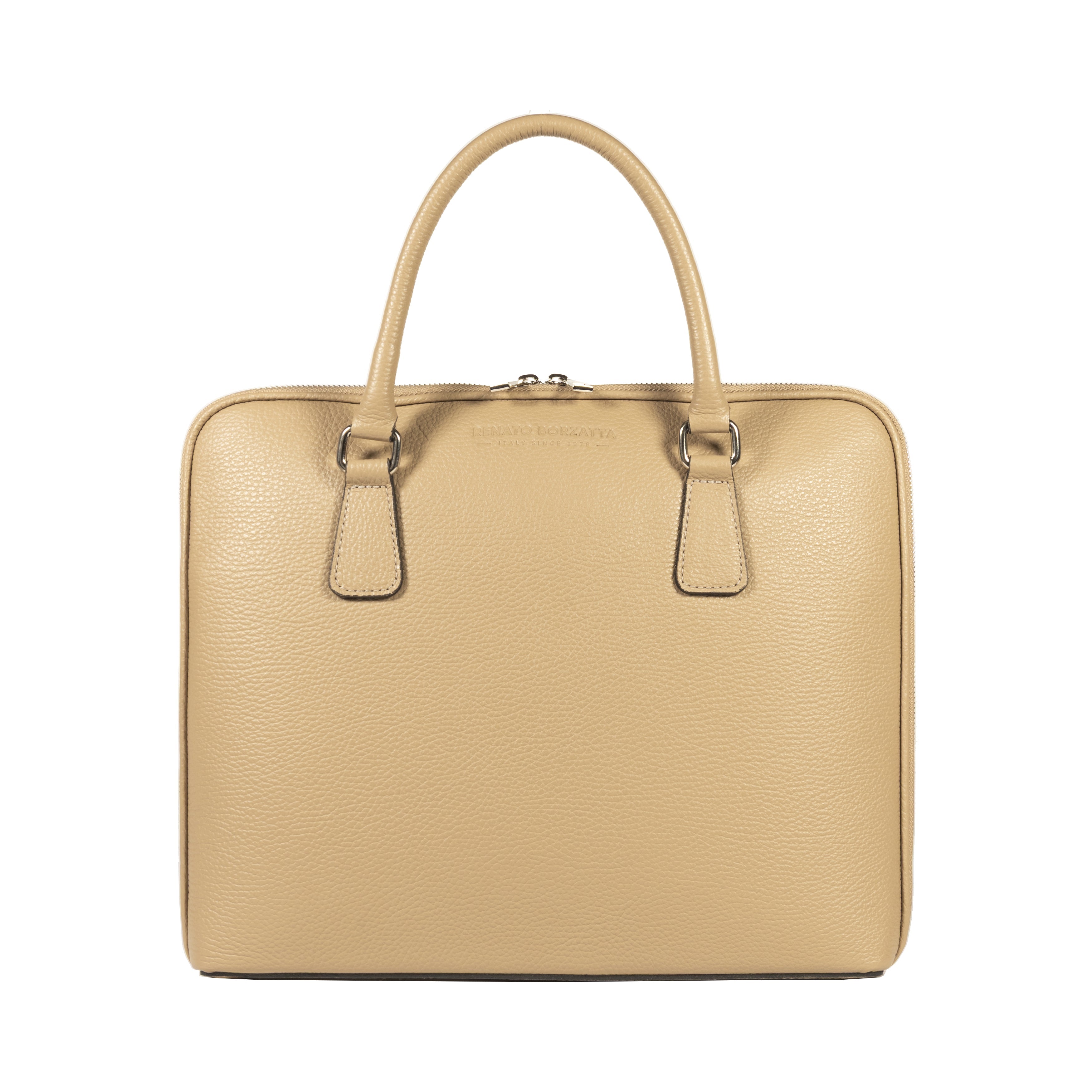 RB1019AQ | Cartella Business Unisex in Vera Pelle Made in Italy con tracolla removibile. Attacchi con moschettoni in metallo Nickel Lucido - Colore Taupe - Dimensioni: cm 37 x 29 x 6,5-1