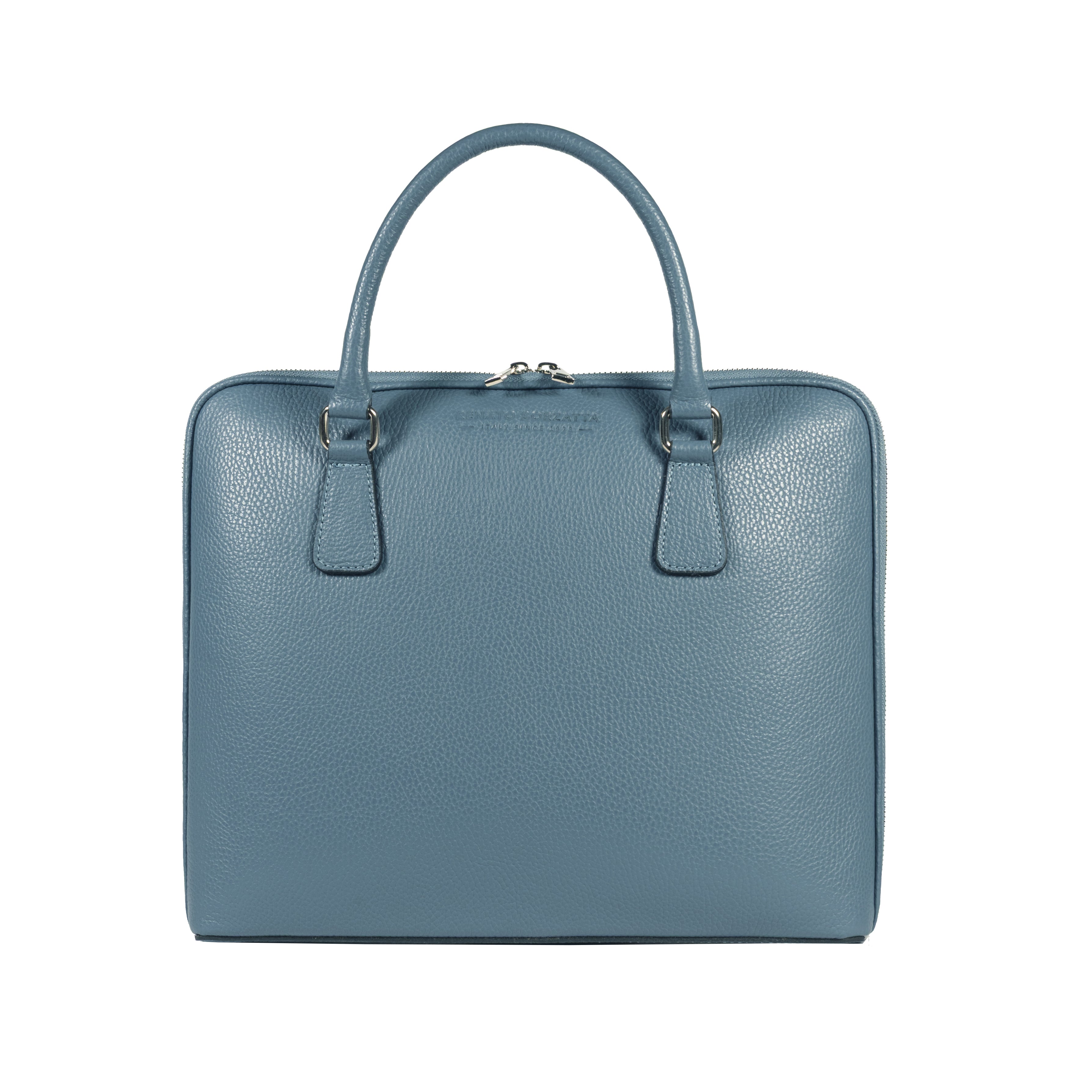 RB1019P | Cartella Business Unisex in Vera Pelle Made in Italy con tracolla removibile. Attacchi con moschettoni in metallo Nickel Lucido - Colore Avio - Dimensioni: cm 37 x 29 x 6,5-1