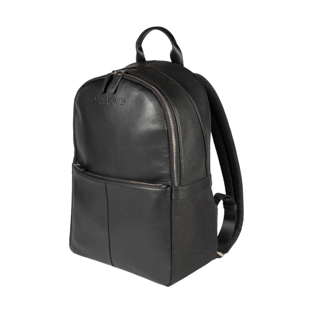 GLAM | RENATO BORZATTA Schwarzer Rucksack aus Nylon und Leder für Laptops